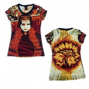 Y2K Custo Barcelona/Hayes Abstract Orange raphic Short Sleeve size S